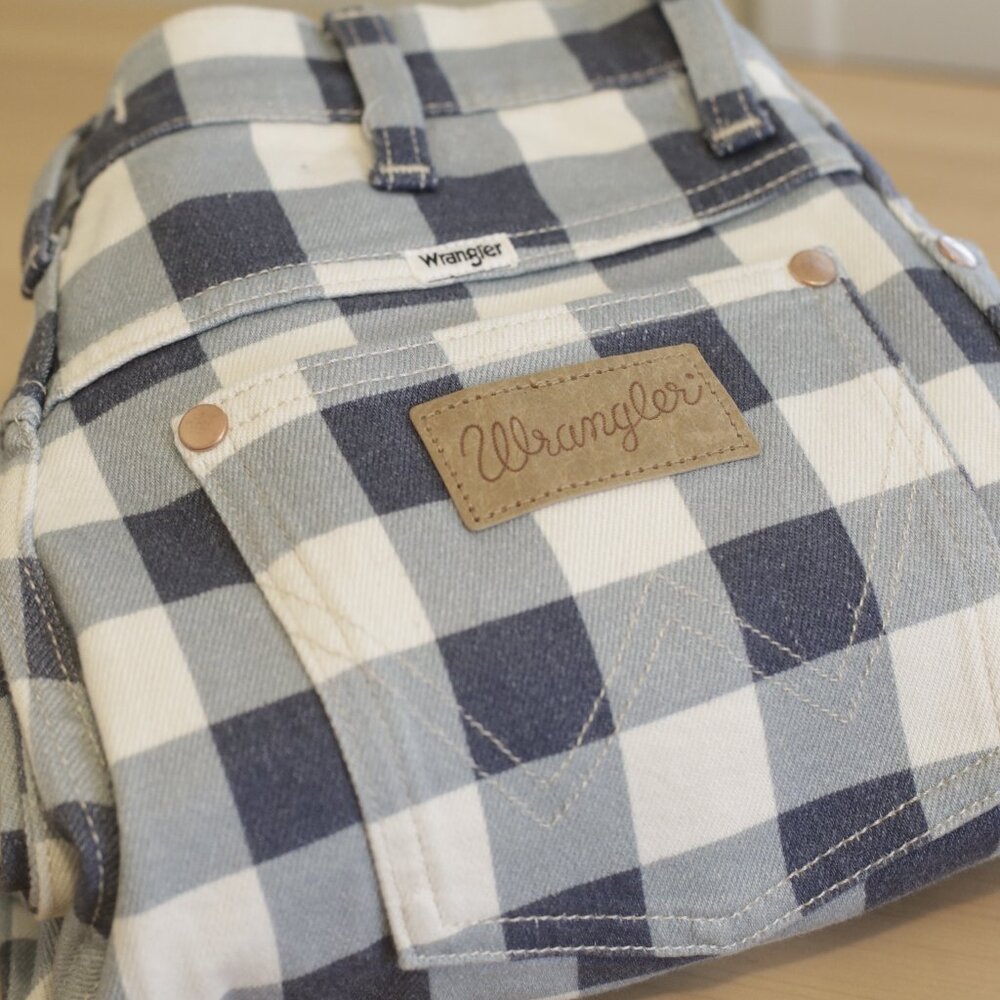 Wrangler Wrock 672 Gingham Kick Flare Blue Plaid Checkered Pants Size 28 Vintage